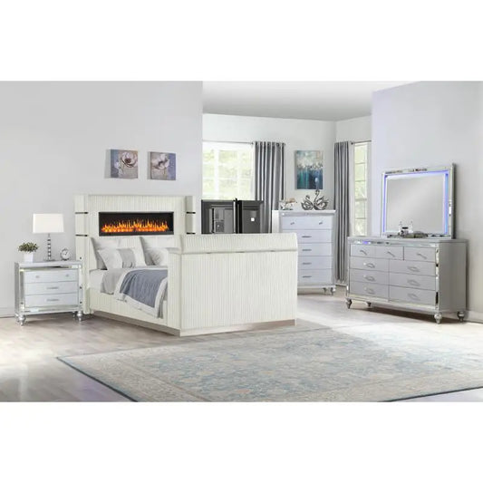 5 Pc Queen Bedroom Set with Fireplace Headboard & Footboard, Beige Wood Finish - Ohberri