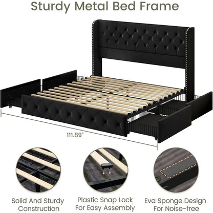 Bed Frame with 4 Storage Drawers and Tufted Headboard Velvet Upholstered Platform - Ohberri