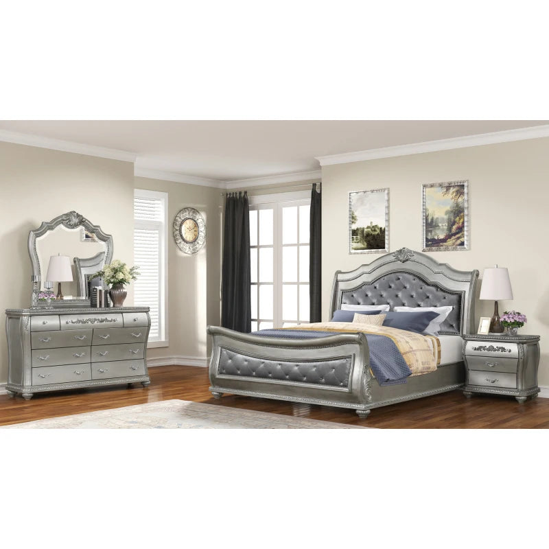 Traditional Style 4 Pc Queen Bedroom Set With Upholstered Crystal-Tufted bed Made with Wood in Silver - Ohberri
