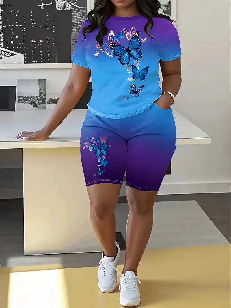 Women's Gradient Color Suit Butterfly Pattern Round Neck Short Sleeve Ohberri