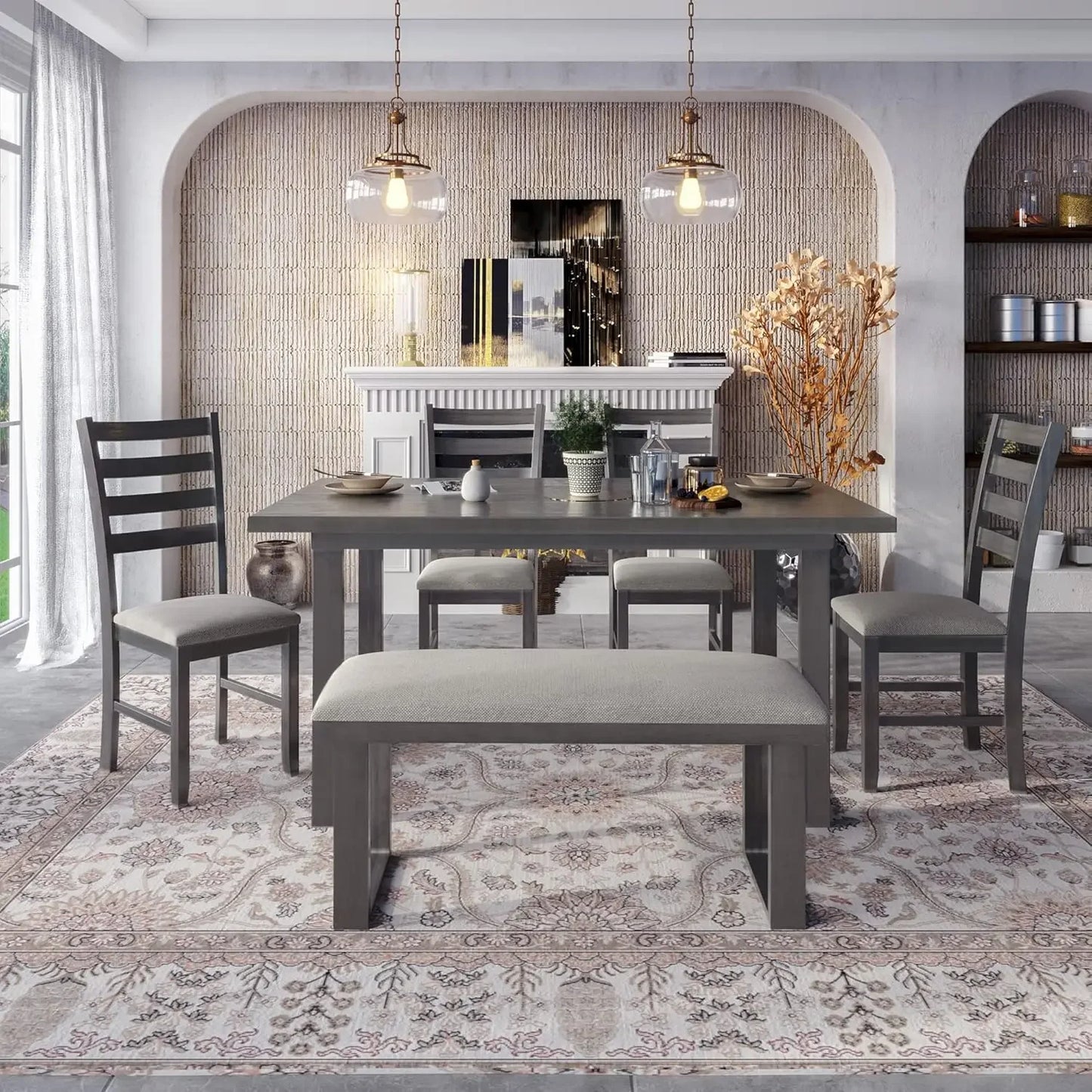 Farmhouse Dining Room Table Set with Storage Shelf Wooden 6 Piece Kitchen Table Set with Bench and Chairs - Ohberri