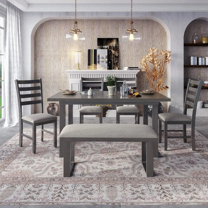 Farmhouse Dining Room Table Set with Storage Shelf Wooden 6 Piece Kitchen Table Set with Bench and Chairs - Ohberri