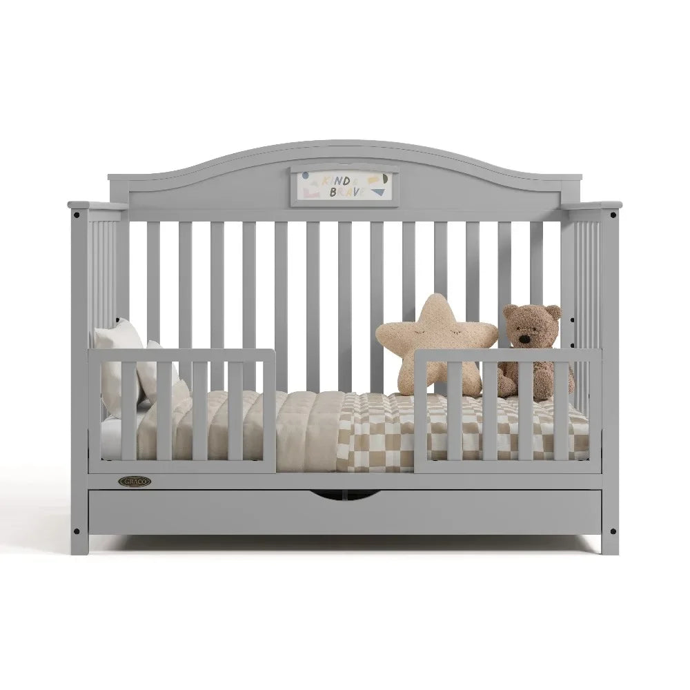 5-in-1 Convertible Baby Crib with Drawer and Reversible Headboard, Pebble Gray - Ohberri
