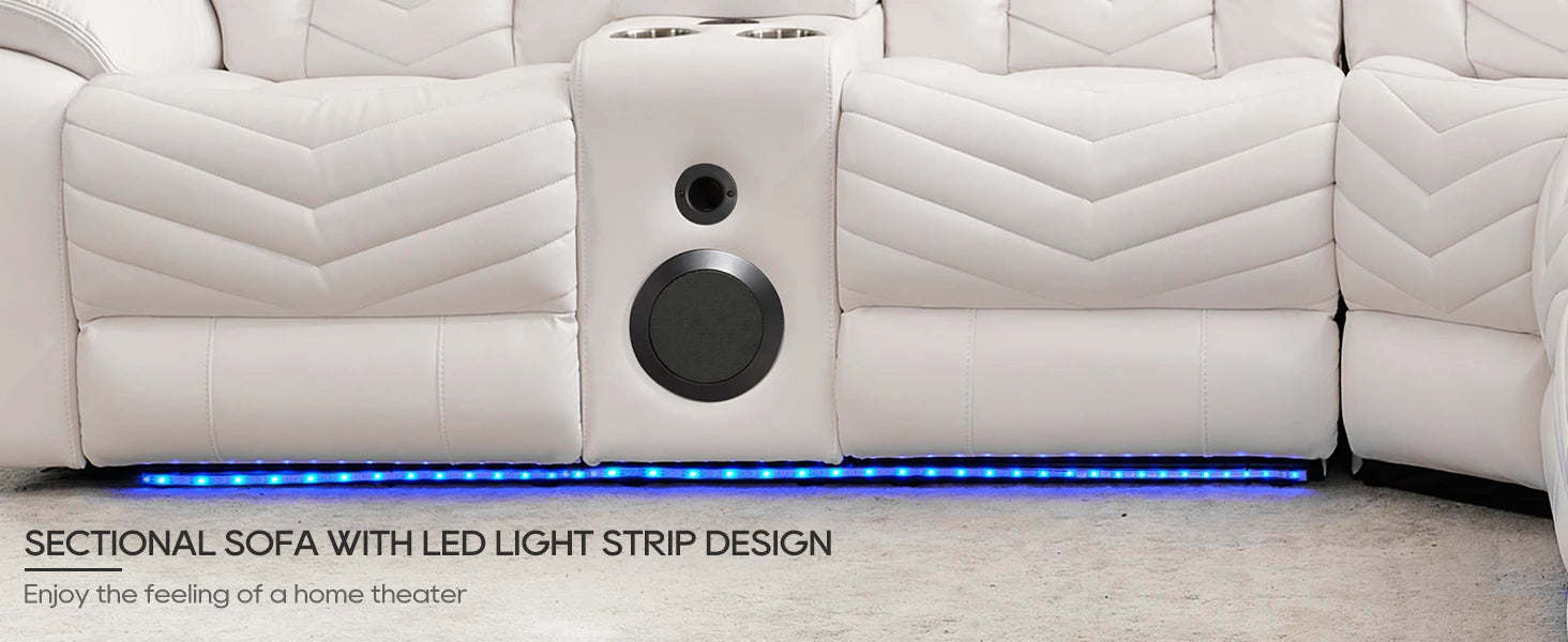 Electric Power Recliner Sectional Sofa With Bass Speakers & LED Lights – Faux Leather L-Shaped Sectional - Ohberri