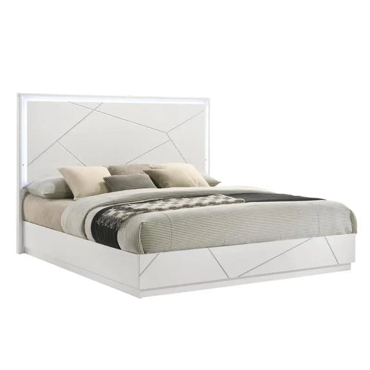 Modern 5-Piece Bedroom Set with Lacquer Finish, Geometric Accents, and LED Lighting - Ohberri