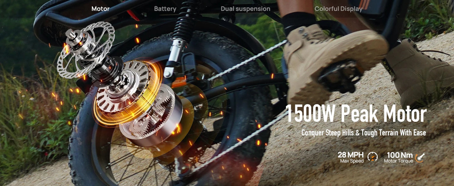 1500W Peak Electric Mountain Bike 48V 15.6Ah 28MPH 100 Mile Range 20X4" Fat Tire - Ohberri