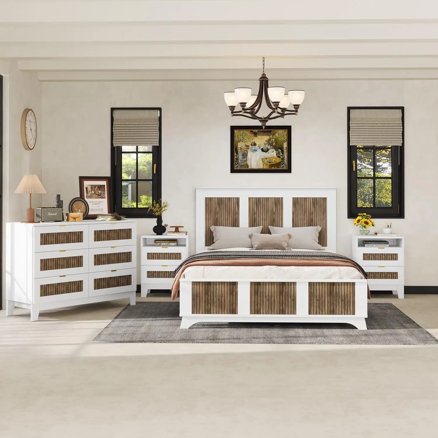 4 Pieces Bedroom Sets Queen Size Farmhouse Platform Bed with Wooden Strip Decoration, 2 Storage Nightstands and A 6-Drawer - Ohberri