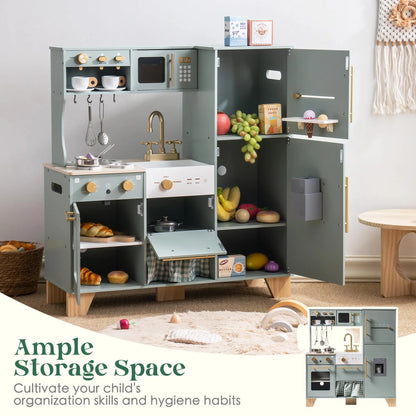 Play Kitchen 10 in 1 Wooden Toy With Appliances & Utensils - Ohberri