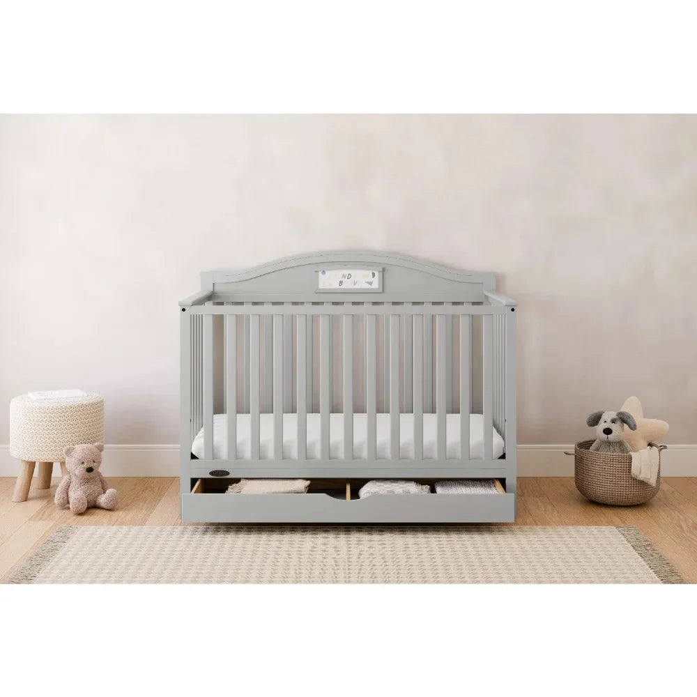 5-in-1 Convertible Baby Crib with Drawer and Reversible Headboard, Pebble Gray - Ohberri