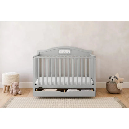 5-in-1 Convertible Baby Crib with Drawer and Reversible Headboard, Pebble Gray - Ohberri