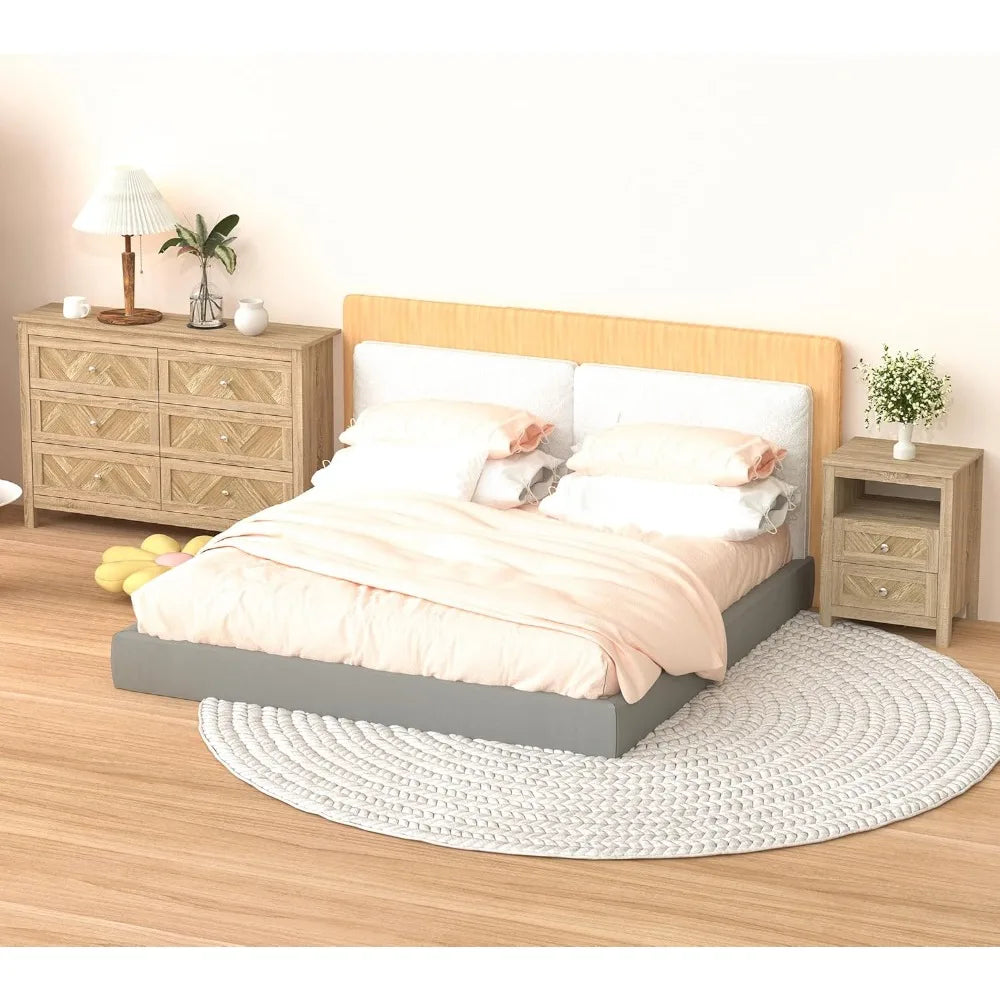 3 Pieces Bedroom Set with 6 Drawer Dresser and 2 Drawer Nightstands, Wooden - Ohberri