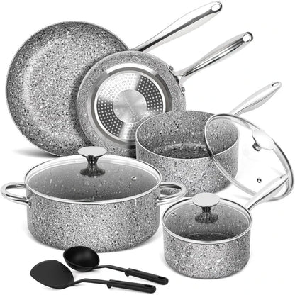 Pots and Pans Set 10 Piece Cookware Set with Granite Coatings for Super Nonstick Ohberri