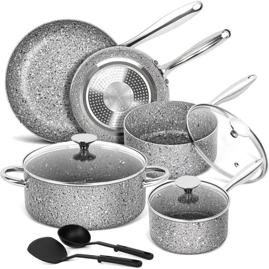 Pots and Pans Set 10 Piece Cookware Set with Granite Coatings for Super Nonstick Ohberri