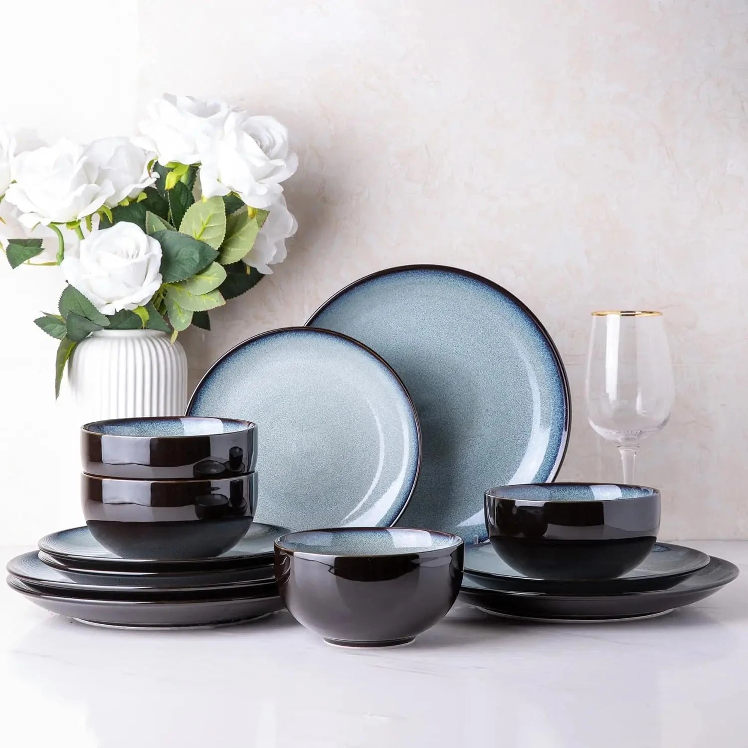 Ceramic Dinnerware Sets for 4,Stoneware Coupe Plates and Bowls Sets,Highly Chip and Crack Resistant Ohberri