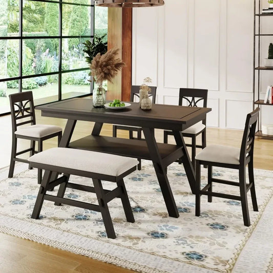 Farmhouse Dining Room Table Set with Storage Shelf Wooden 6 Piece Kitchen Table Set with Bench and Chairs - Ohberri