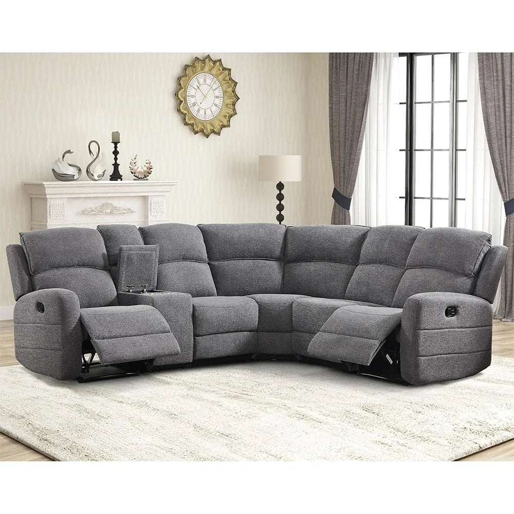 Fabric L-Shaped Reclining Large Corner Sectional with Padded Headrest, 2 Cup Holders - Ohberri