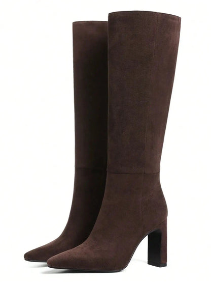 Knee High Boots Flock Zip Square Toe Chunky High Heel Ohberri