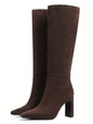 Knee High Boots Flock Zip Square Toe Chunky High Heel Ohberri