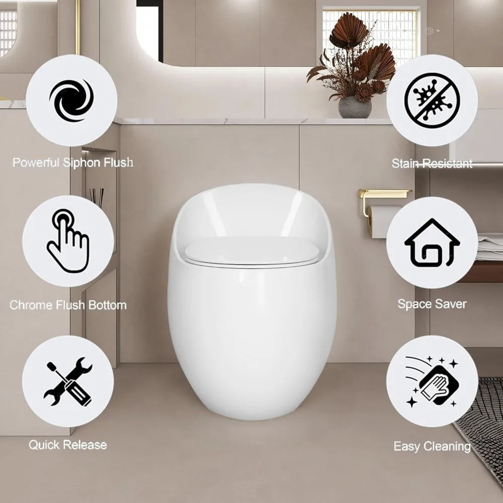 Egg-Shaped One-Piece Toilet 1.28 GPF Low-Flush Toilet with SoftClose Seat, Quiet Flushing & Space-Saving Design – Glossy White, Ohberri