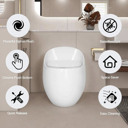 Egg-Shaped One-Piece Toilet 1.28 GPF Low-Flush Toilet with SoftClose Seat, Quiet Flushing & Space-Saving Design – Glossy White, Ohberri