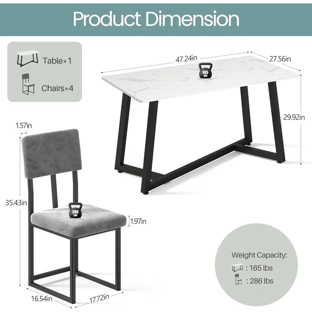 5-Piece Faux Marble Dining Set | 47.24" Table with 4 Velvet Chairs, Modern Minimalist for Small Spaces Ohberri