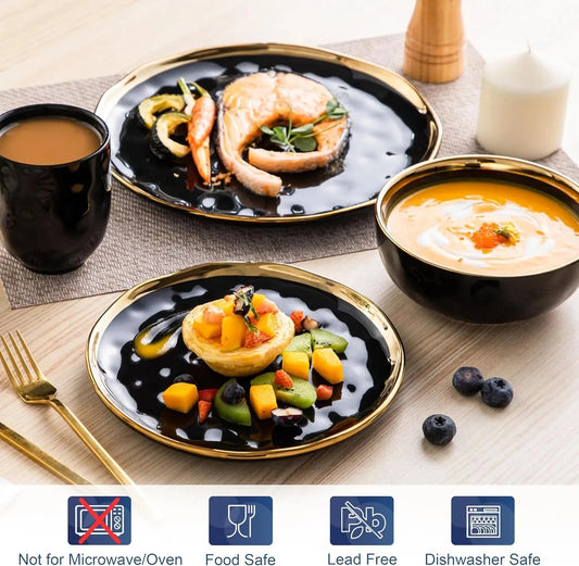 Black and Gold Dishes Sets, Stoneware Dinnerware Sets for 4, 16 Piece Plates and Bowls Sets Ohberri