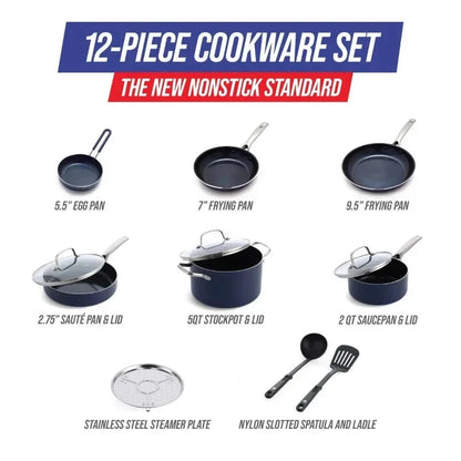 Blue Diamond 12-Piece Toxin-Free Ceramic Nonstick Pots and Pans Cookware Set Ohberri