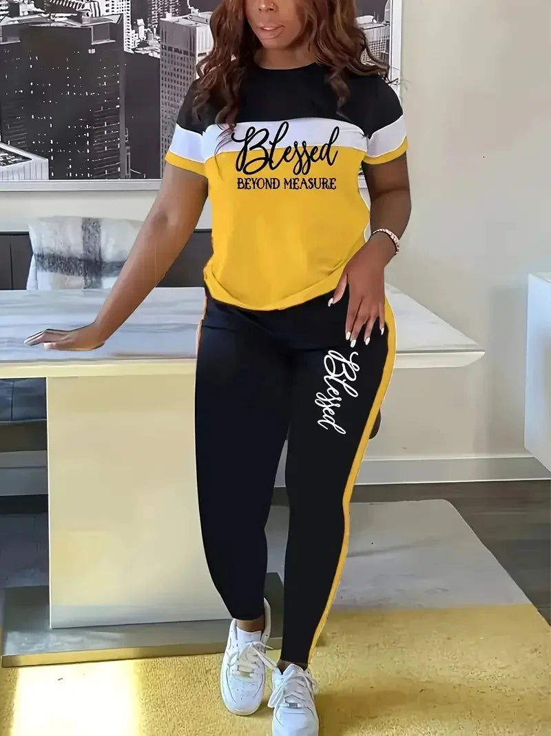 Plus Size Striped Letter Print Short-Sleeved Trousers Two-Piece Suit Ohberri