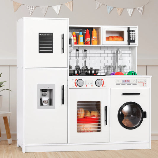Wooden Kitchen Pretend Play Set with Simulated Light and Sound Effects, Food,Cookware - Ohberri