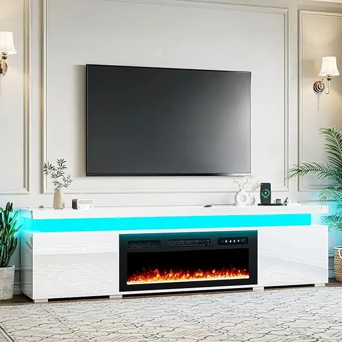 85’’ Fireplace TV Stand for 90 Inch TVs, Modern with LED Lights, High Gloss with 40’’ Electric Ohberri