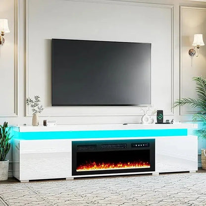 85’’ Fireplace TV Stand for 90 Inch TVs, Modern with LED Lights, High Gloss with 40’’ Electric Ohberri