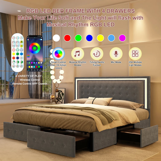 LED Bed Frame with 4 Storage Drawers, RGBW Headboard, PU Upholstered - Ohberri