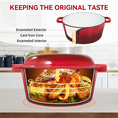 2-in-1 Enameled Cast Iron Dutch Oven Large Double Handle - Oven Safe up to 500°F Ohberri