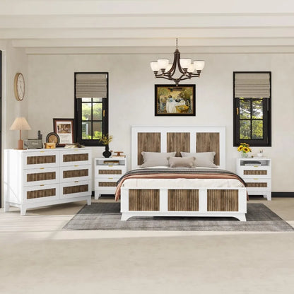 4 Pieces Bedroom Sets Queen Size Farmhouse Platform Bed with Wooden Strip Decoration, 2 Storage Nightstands and A 6-Drawer - Ohberri