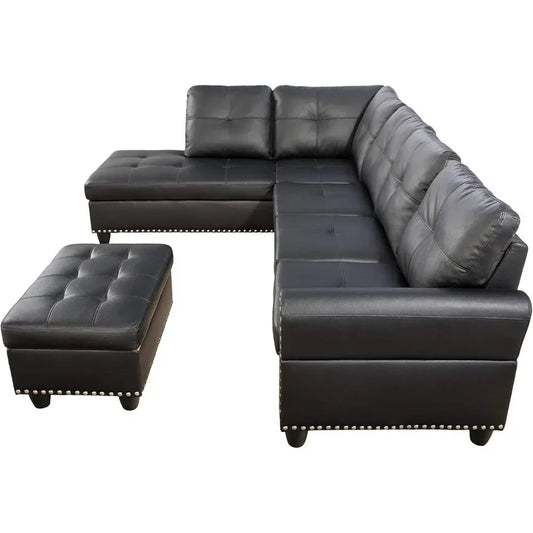 Sectional Sofa Couch, Modern 4-Seaters Living Room Furniture Sets with Chaise Lounge, Ottoman & 2 Pillows | L Shape Couch - Ohberri