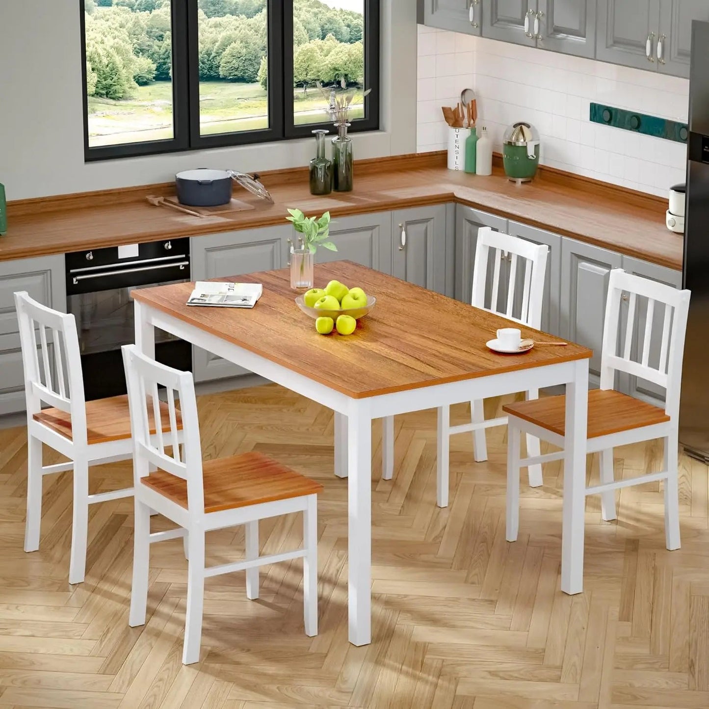 Dining Table With 4 Chairs with Rubber Wood Legs, Farmhouse 5-Piece Set Ohberri