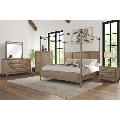 Queen Canopy Bed Set with 2-Drawer Nightstand, Modern Dresser with Poster Mirror, and Storage Chest - Ohberri