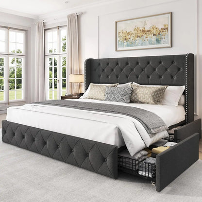 Bed Frame with 4 Storage Drawers and Tufted Headboard Velvet Upholstered Platform - Ohberri