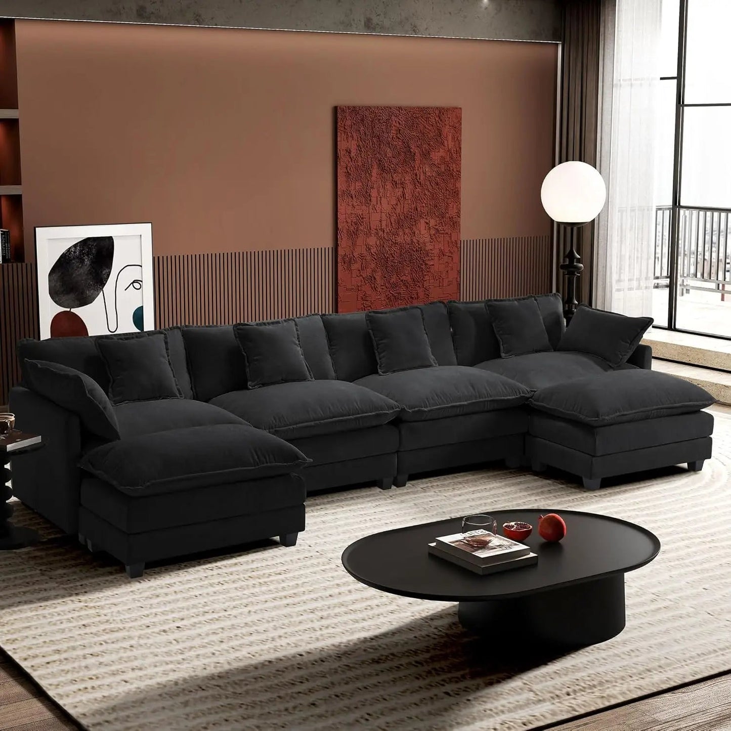 U-Shaped Modern Sofa Modular Sectional Cloud Couch with 2 Ottoman with 6 Pillows Ohberri