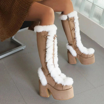 Faux Suede Round Toe Side Zipper Lace-Up Warm Boots Ohberri