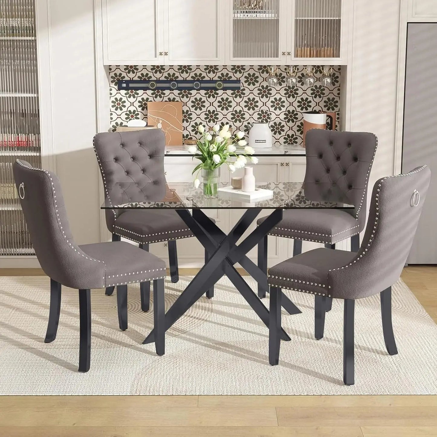51 Inch Glass Dining Table with 4 Upholstered Velvet Accent Chairs, 5 Piece Modern Ohberri