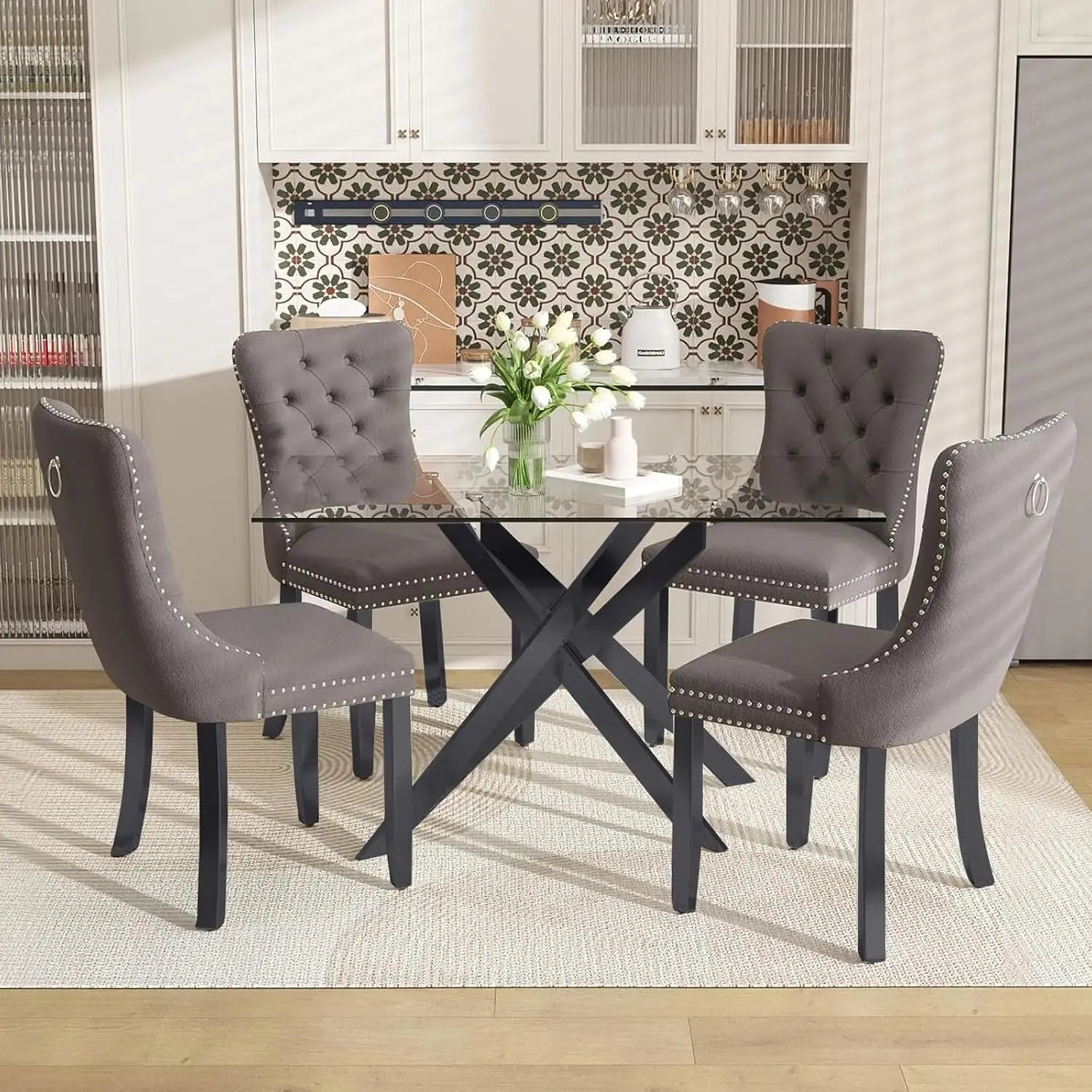 51 Inch Glass Dining Table with 4 Upholstered Velvet Accent Chairs, 5 Piece Modern Ohberri