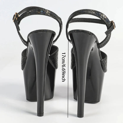 Black Waterproof Stiletto High Heels 6.69inch Platform Stone Pattern Ohberri