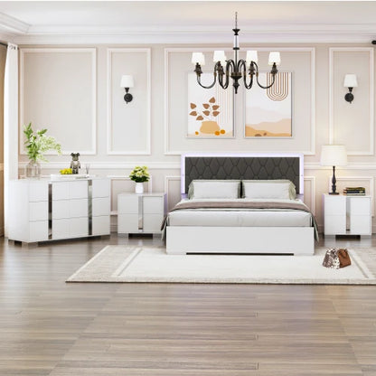 4-Pieces Bedroom Sets Queen Size Upholstered Bed with LED Lights, Mirrored Nightstands and Dresser with Metal Handles and Legs - Ohberri