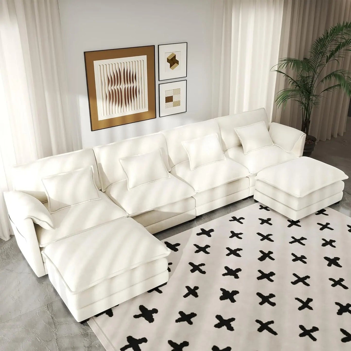 Modular Sectional Sofa Convertible Couch with Movable Ottoman,6 Pillows and 2 Armrest Pillows Ohberri