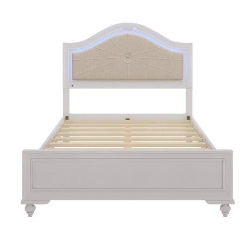 3 Pieces Bedroom Sets Full Size Wood Bed with Hidden LED Light Upholstered Headboard + 2 Nightstands, Cream Grey - Ohberri