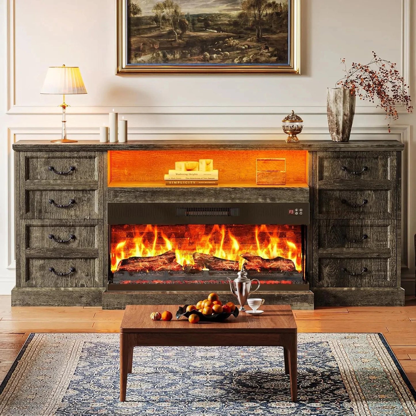 Fireplace TV Stand with LED Lights for 75 Inch TV -Farmhouse Ohberri