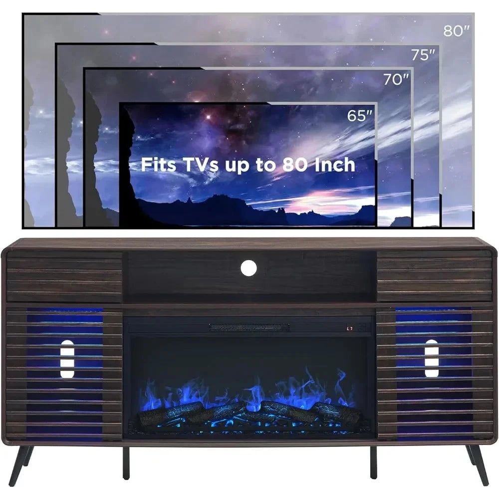 TV Stand for 80 Inch TV, Mid Century Modern with 36" Electric Fireplace & Led Lights Ohberri