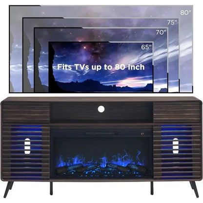 TV Stand for 80 Inch TV, Mid Century Modern with 36" Electric Fireplace & Led Lights Ohberri
