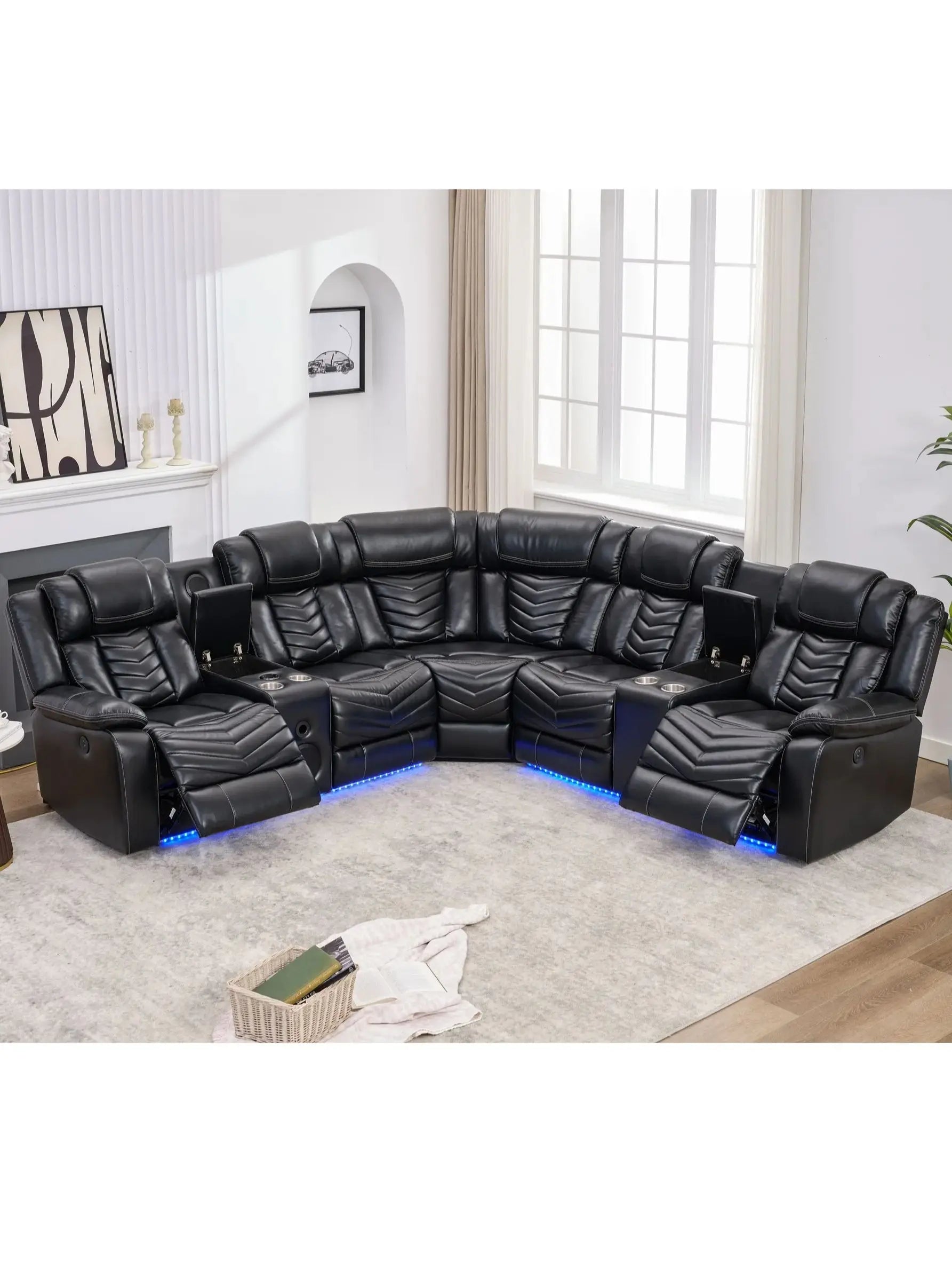 Electric Power Recliner Sectional Sofa With Bass Speakers & LED Lights – Faux Leather L-Shaped Sectional - Ohberri